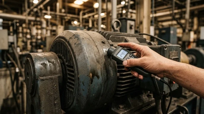 A bare hand holds a measurement device against the greasy metal surface of a large industrial motor.