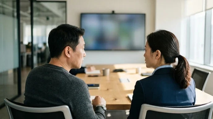 Two Korean attendees viewed from over the shoulder looking at a large display in a meeting room.