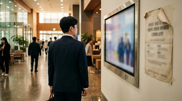 A Korean businessman from behind looks at a large display next to a worn paper poster in a lobby.
