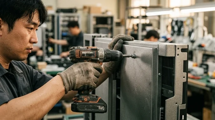 A Korean technician's gloved hand driving a bolt into a metal LED cabinet using a power drill.