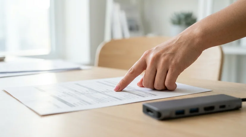 A Korean person's hand pointing at a printed product specification sheet on a clean white desk.