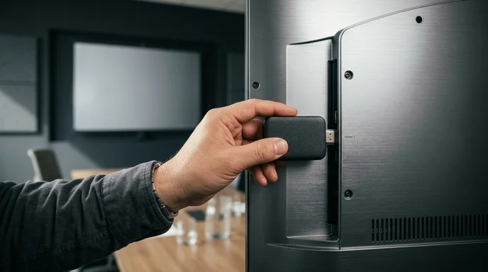 A Korean engineer's hand plugging a wireless sharing hub into the rear port of a large conference room monitor.