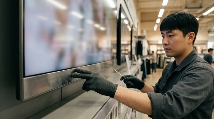 Gloved hands of a Korean technician checking the bezel of a large display in a store.