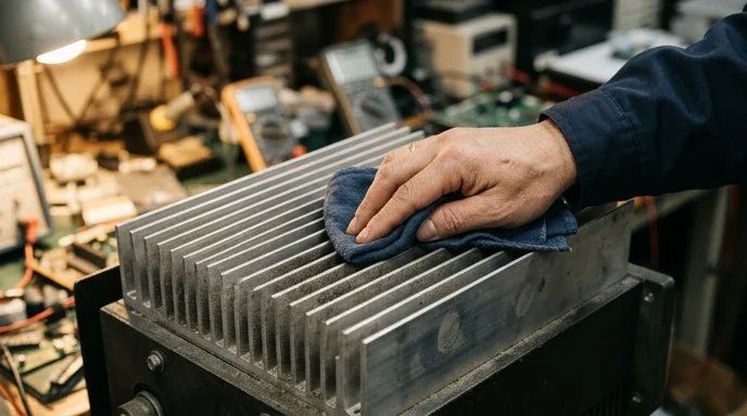 An engineer's hand wipes a fanless aluminum heat sink, showing dust and fingerprints on the ridges.