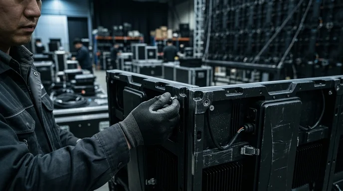 A worker's gloved hand connects two LED cabinet panels with a bolt to build a large screen.