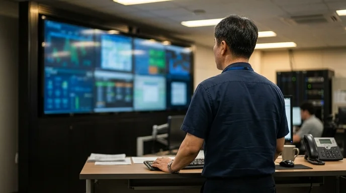 A Korean administrator viewed from behind in a control room facing a large display on the wall.