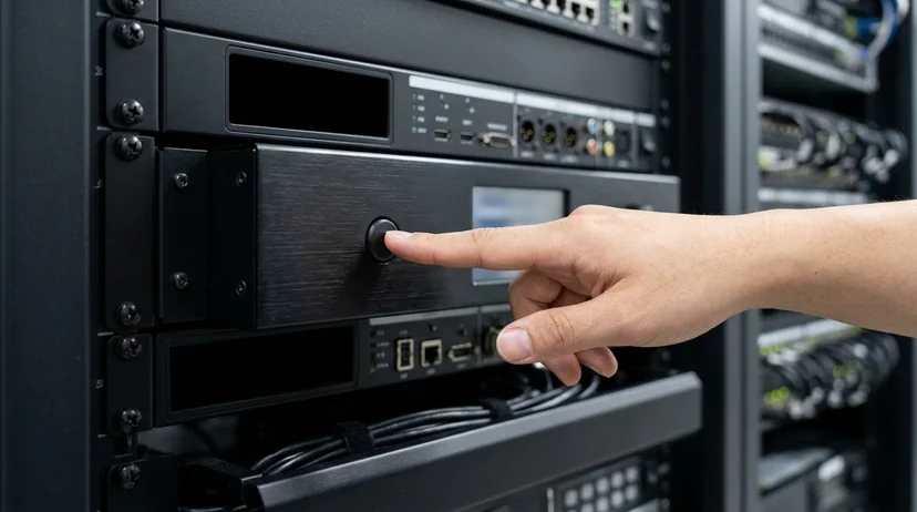 A Korean technician's hand pressing a button on an AV processor in a server rack.
