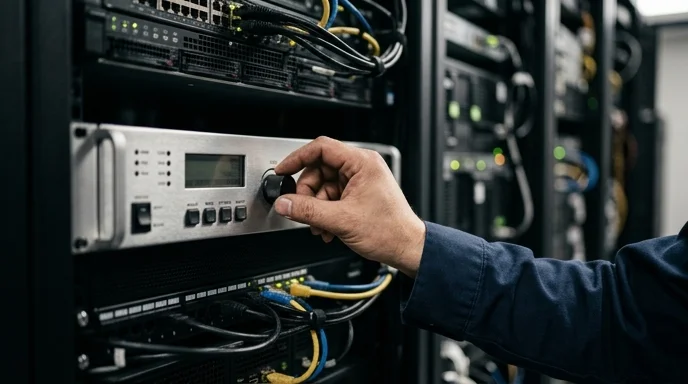 A Korean technician's hand adjusting a dial on a controller mounted in a server rack.