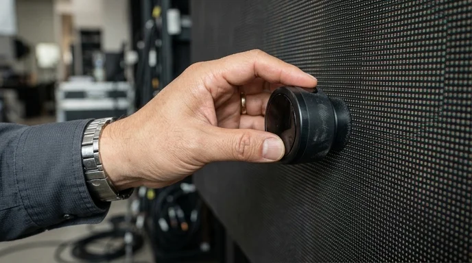 A Korean expert's hand pressing a calibration sensor against a pixel module, with the studio out of focus.