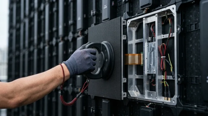 A technician's hand uses a magnetic tool to detach a single LED panel from a large screen wall.