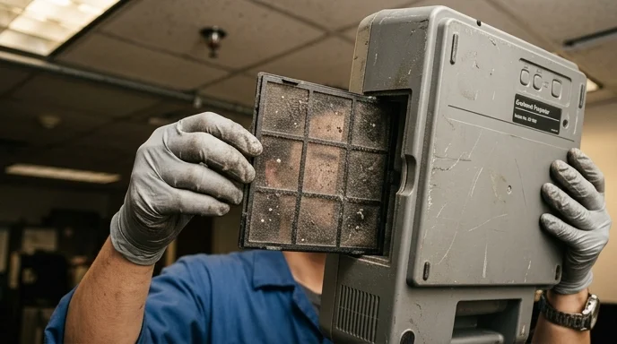 Close-up of a Korean technician's gloved hands removing a dusty filter from a projector under warm directional light.