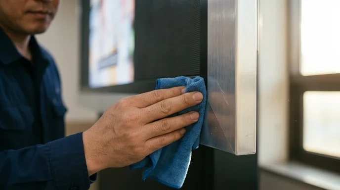 A Korean staff member wiping the bottom metal corner of a large screen frame with a cloth against bright afternoon backlight.