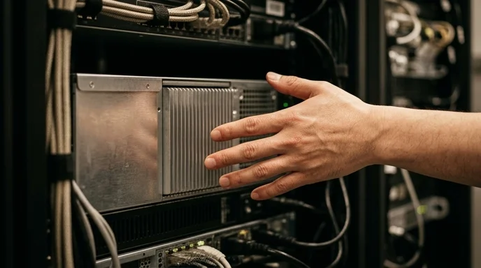 A Korean technician's bare hand checking the thermal state around a media server inside a rack.
