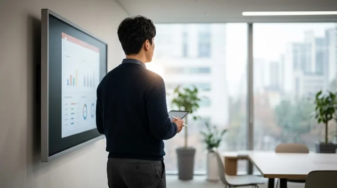 Rear view of a Korean attendee looking at a large display in a smart office meeting room.