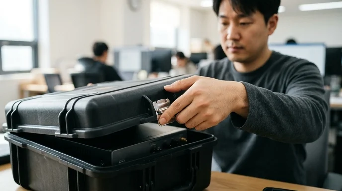 A technician's hand opening a heavy-duty transport case containing an AV processor.