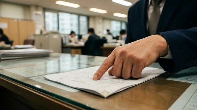 A Korean official's hand pointing at a printed document on a desk.