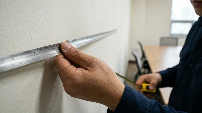 A technician's hand pulling a measuring tape across a meeting room wall to determine the installation space.