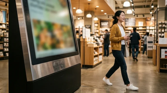 A Korean woman walks past an indoor large display with a scuffed metallic bezel.