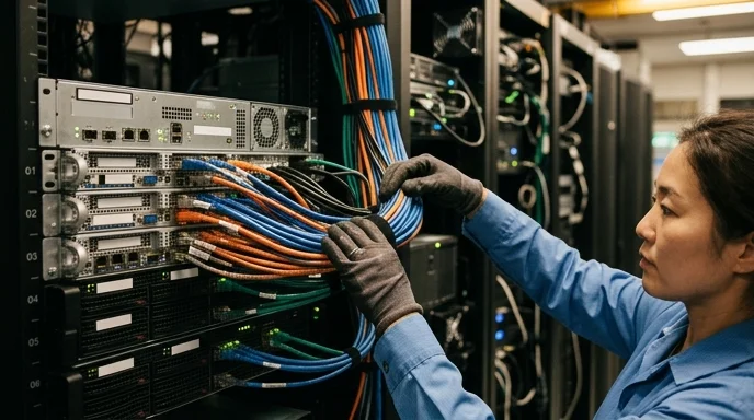 A Korean technician's gloved hands managing cables on a media server under warm overhead lighting.