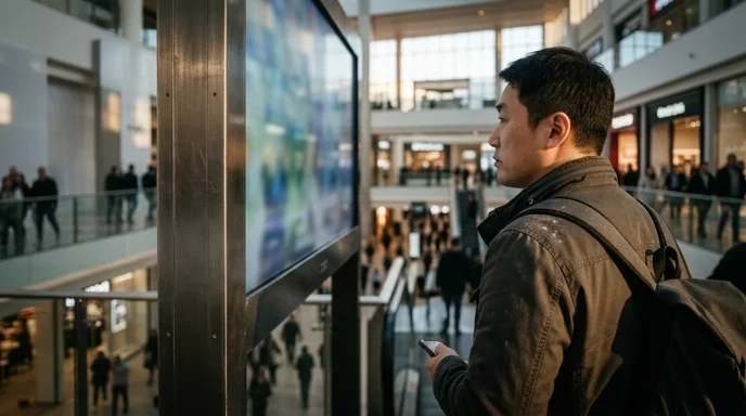 Over-the-shoulder view of a Korean man pausing in front of a massive indoor display in a mall.
