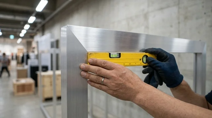 A Korean installer's hand holding a spirit level against a metal display frame.