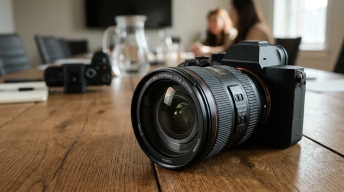 A close-up of a smooth glass surface on an optical zoom lens camera on a table.