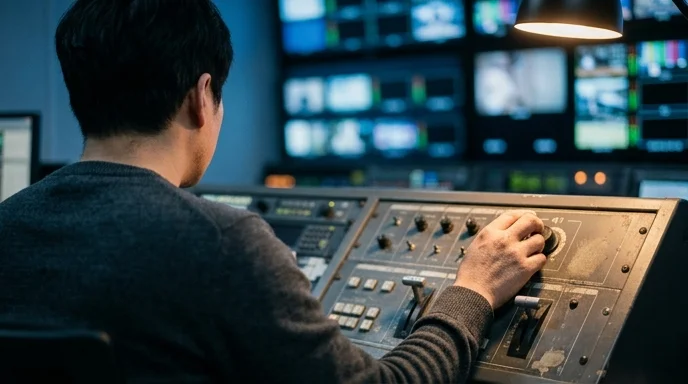 Back view of a Korean operator turning a dial on a master control console, with monitors completely out of focus.