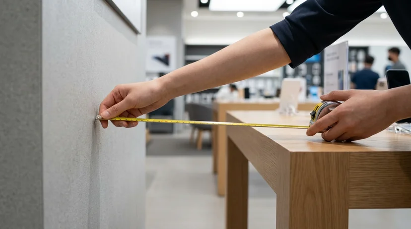 A Korean staff member's hands holding a measuring tape to measure distance in a bright retail store.