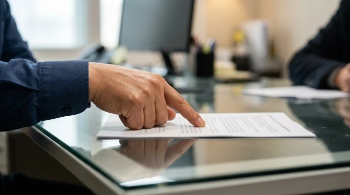 A hand pointing at a printed implementation guide on a clear glass desk.