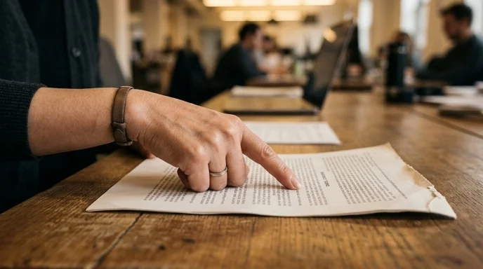 A hand pointing at the warranty terms on a printed paper document with a worn edge.