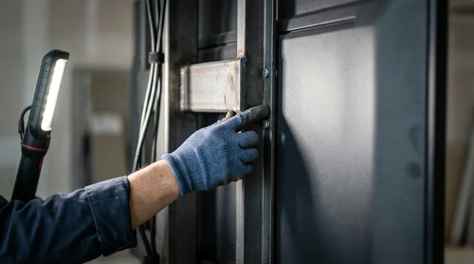 A Korean technician's gloved hand checking the steel mounting bracket behind a large display.