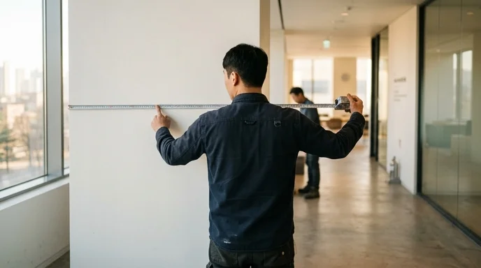 A Korean installer measuring a smooth wall with a metal tape measure to plan for digital signage.