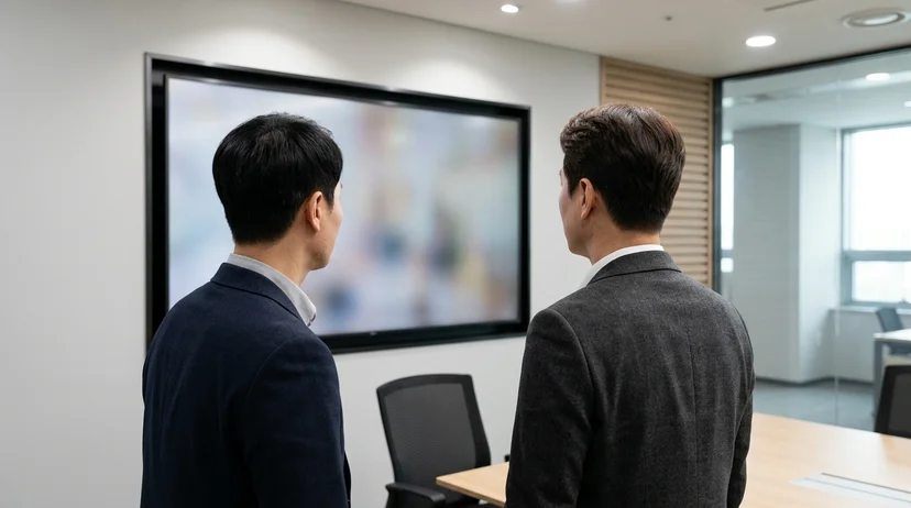 Two Korean colleagues looking at a large display mounted on a meeting room wall.