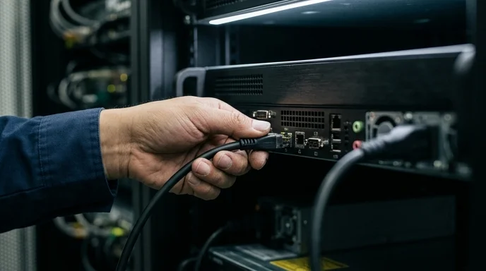 A Korean technician's hand adjusting a cable on a media server inside an equipment rack.