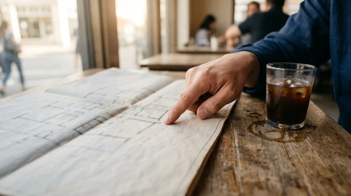 A Korean planner's hand pointing at a creased floor plan on a sunlit wooden table.