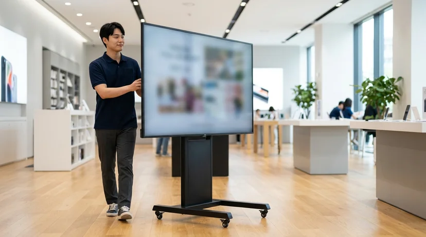 A retail staff pushing a stand-type large screen across a wooden floor in a brightly lit indoor space.