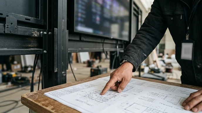 A Korean installer's hand pointing at a blueprint while inspecting a large display structure.
