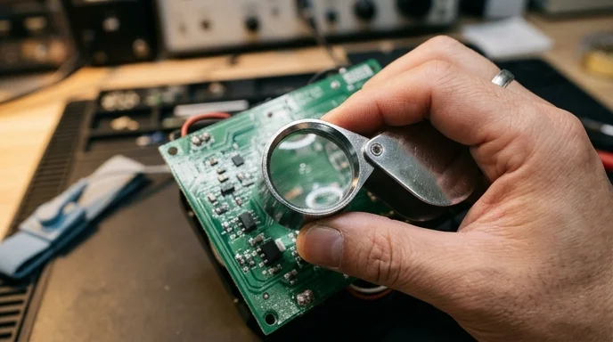 A technician examines the rear board of an LED module using a loupe.
