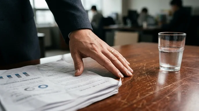 A Korean consultant's hand pointing at a creased document on a scratched wooden desk.