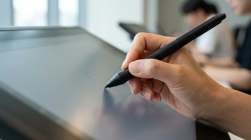 A close-up side view of a Korean hand holding a stylus pen writing on a large screen with no gap.