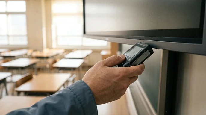 A Korean technician's hand holding a distance meter just below a screen frame.