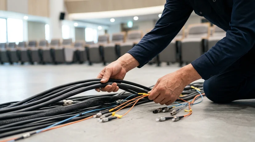 A technician's hands sorting and inspecting various shielded cables and optical fibers on an auditorium floor.