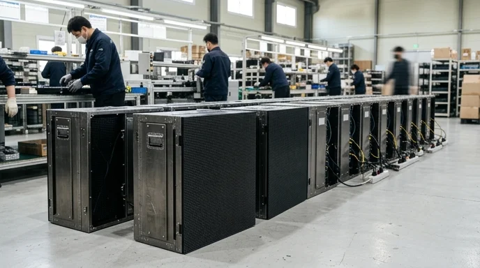 Several standardized LED cabinets neatly aligned on a bright assembly floor.