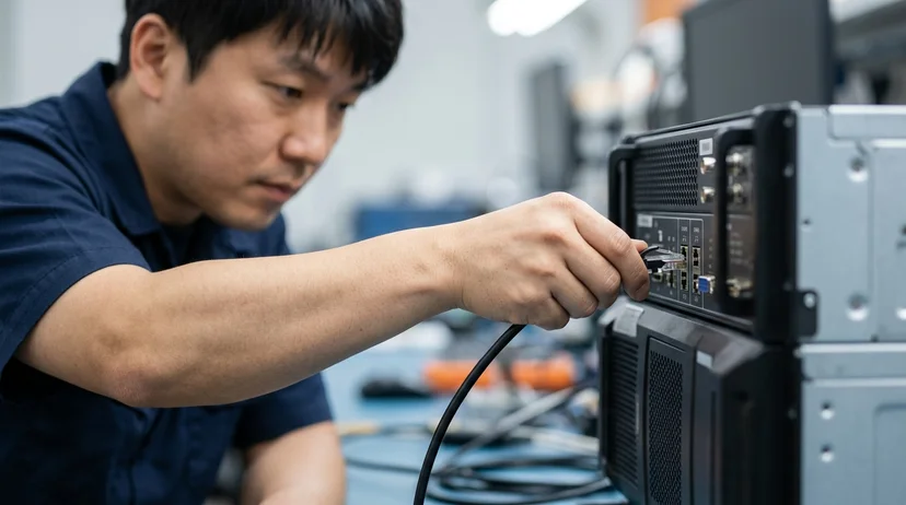 A Korean technician's hand plugging a communication cable into the rear port of a controller.