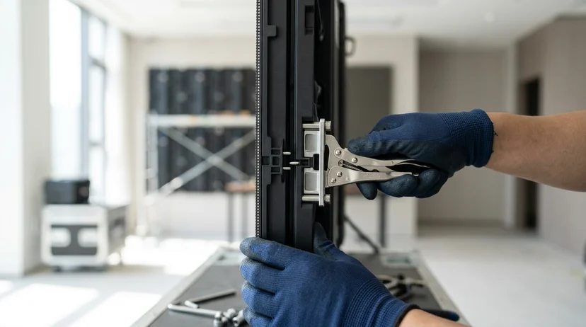 A Korean technician's gloved hands securing the joint between two bezel-less LED cabinets.