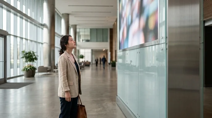 A Korean woman stands in a modern lobby viewing a tall digital signage installation from the side.