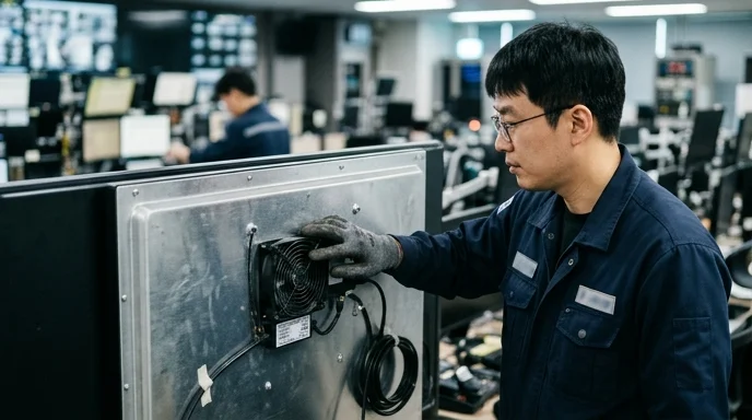 A Korean technician inspecting the cooling fans on the back of a large display panel.