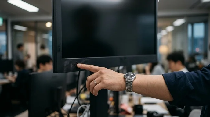 A manager's hand pressing the power button on the bezel of a large display.