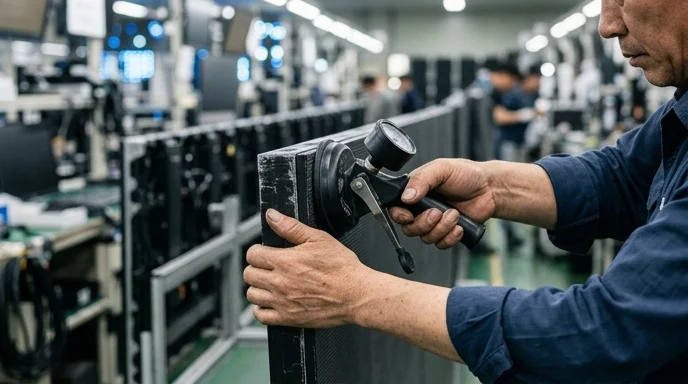 Two hands of a Korean worker attaching a suction cup to the frame of a front module, with screens out of focus.