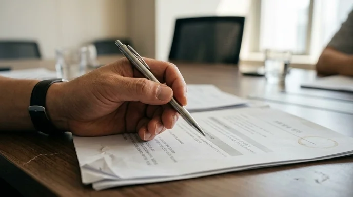 A person's hand holding a pen over a slightly wrinkled document with a coffee ring.
